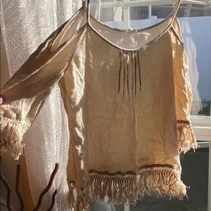 Off white cream boho style fringe top